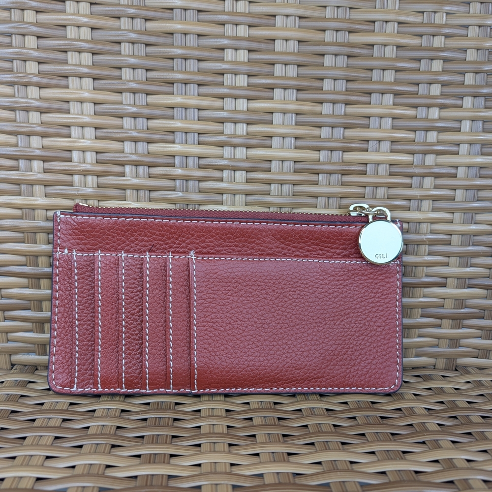 G.I.L.I Brown Pebbled Leather Zip Top Card Holder Slim Wallet Gold Hardware